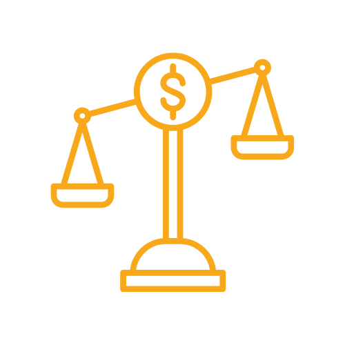 An orange outline of a balance scale with a dollar sign in the center, representing financial balance or value.