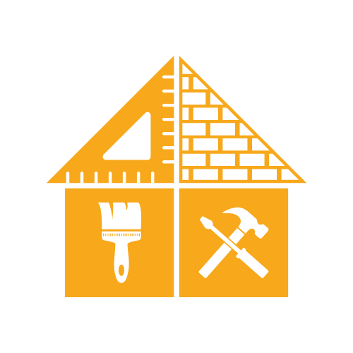 An orange icon of a house divided into four quadrants. The top left shows a ruler and triangle, the top right shows a brick pattern, the bottom left shows a paintbrush, and the bottom right shows a hammer and screwdriver. The image represents various aspects of home renovation, construction, and repair.