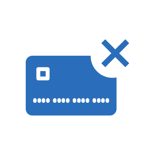 A blue credit card with a large 'X' over it, indicating a closed credit card account.