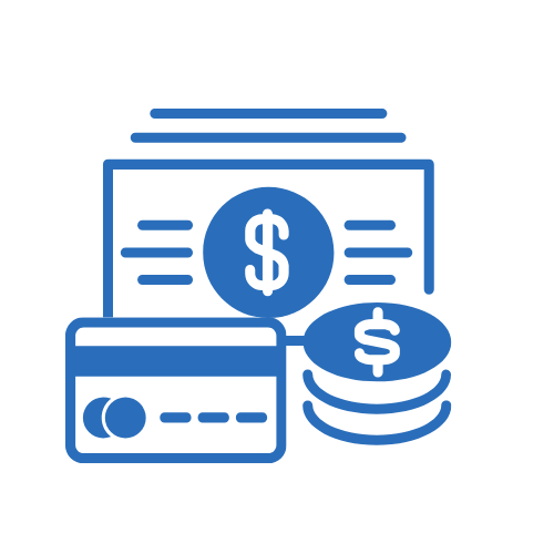 A blue graphic showing a credit card, a stack of coins with dollar signs, and a dollar bill in the background, representing various payment methods.