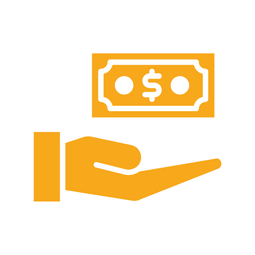 An orange hand holding a dollar bill with a dollar sign on it, representing cash payment or receiving money.
