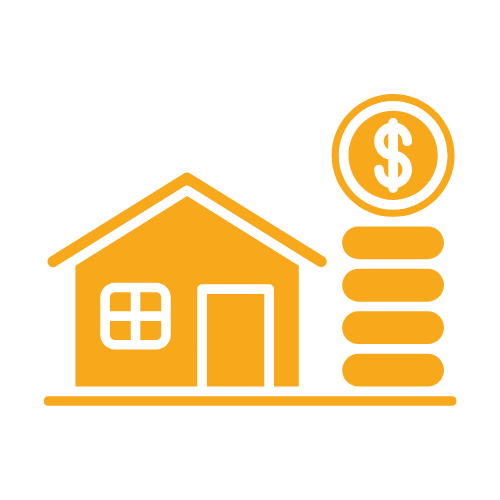 An orange icon of a house next to a tall stack of gold coins with a dollar sign on the top coin. This image visually represents the concept of home equity and the financial value of a property.