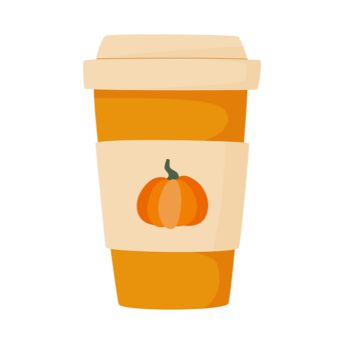 A pumpkin spice latte in a to-go cup, with a pumpkin on the label.