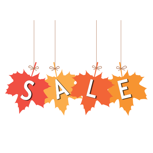 An image of four autumn leaves hanging from strings, with the letters S-A-L-E written on them.