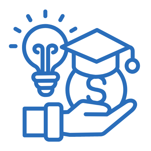 A hand holding a glowing lightbulb next to a graduation cap sitting on a money bag, representing financial education