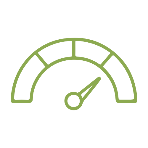 A green line-art icon of a speedometer or gauge with the needle pointing up, representing a credit score boost.