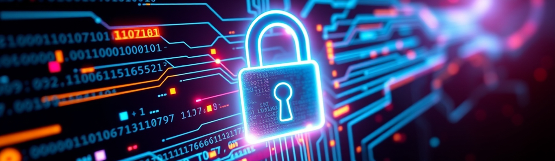 A glowing digital lock surrounded by streams of binary code and data points, symbolizing cybersecurity.