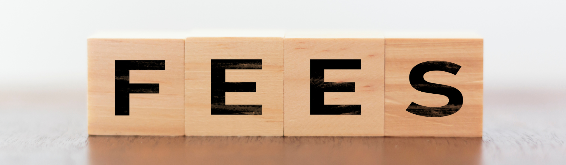 Wooden cubes with the word FEES spelled out as an individual letter with each cube